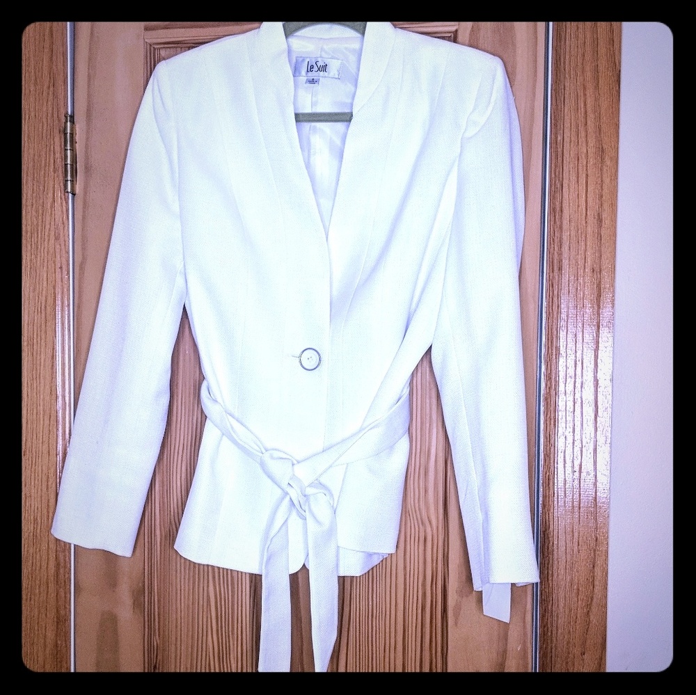 White Lined Linen Blazer Button & Belted